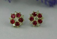 Lab Created Red Ruby 2.00Ct Round Cut Halo Stud Earrings 14K Yellow Gold Plated