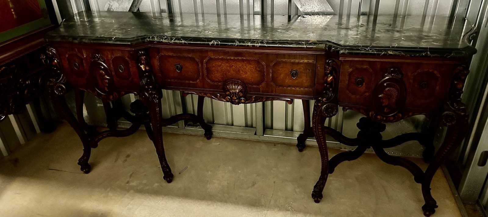 Antique Estate Walnut Black White Vein Marble Top Figural Sideboard Server