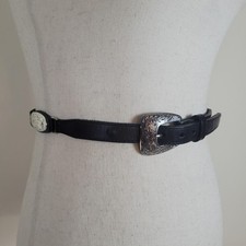 Justin Belt Women 36 Black Leather Skinny Western Engraved Buckle Concho Cowgirl