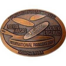 International Pancake Day Belt Buckle Liberal Kansas Olney England 1984 Vintage