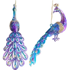 Kurt Adler Set 2 Peacock Ornament Plastic Blue Purple Christmas Gold 6 Inch