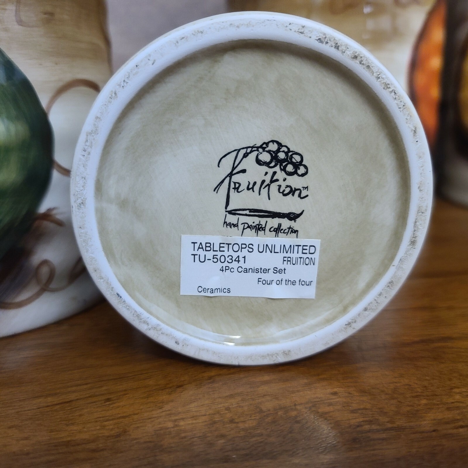 Set 4 Tabletops Unlimited Fruition HandPainted Canisters Pear/Peach