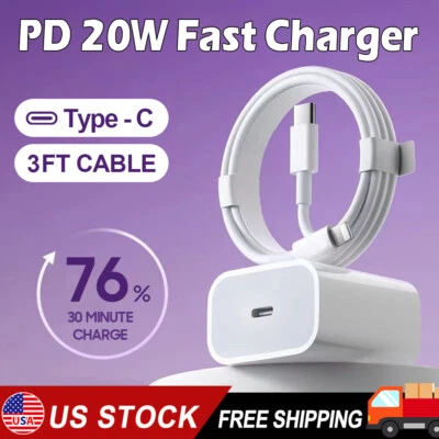 WALLCHARGER 20W USB-C Fast Charger PD Adapter+3ft Cable For iPhone8 11/12/13/14 XR iPad NB