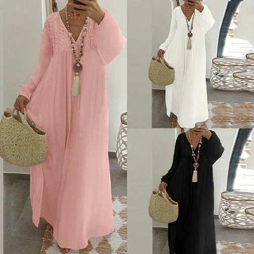 OFF WHITE Maxi abito lungo donna manica lunga cotone sciolto scollo caftano bohemia S 5XL