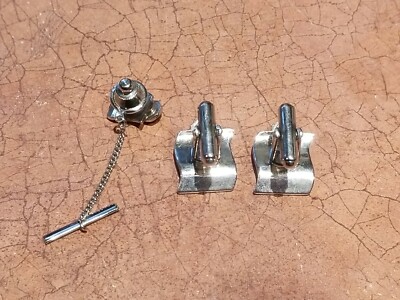 Ensemble Boutons De Manchette Et Barrette Cravate Argent Sterling Vintage Avec Pierres - Occasion