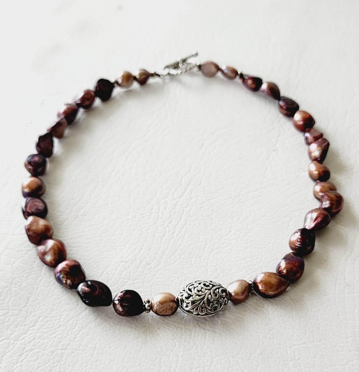 Silver Tone Burgundy Freshwater Cultured Pearl Beaded Necklace Toggle Clasp