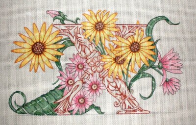 Monogram Floral Letter ''X'' Hand Painted Needlepoint Canvas Dennis Kyte MZC