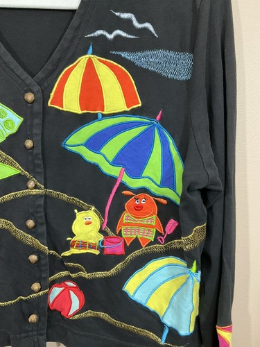 VTG Christina Rotelli Womens Beach Scene Cardigan M Black Art to Wear Funky 90s - Picture 4 of 11