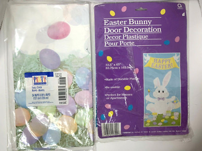 Vtg Easter Bunny Door Cover 33x65 & Hallmark Egg Paper Table Cover Decoration