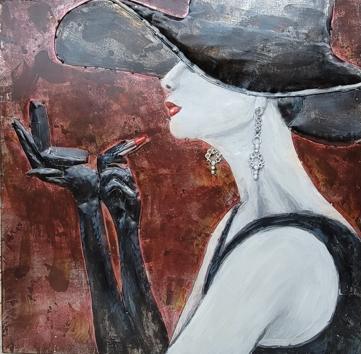 Lady In Black Dress Dress three Dimensional Painting on Metal Canvas Sale