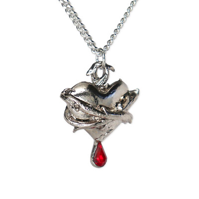 Gothic Bleeding Heart Silver Finish Pewter Necklace With Red Stone NK-556S