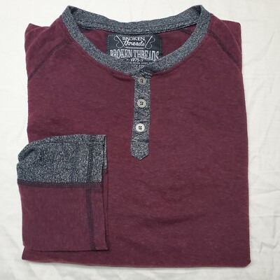 Men's Henley Crew Broken Threads Long Sleeve T Shirt Burgundy Gray Sz Medium