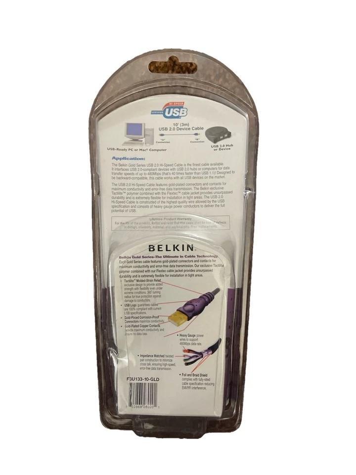 Belkin  F3U133-10 USB-2 High Speed Cable 10' A-Plug/B-Plug UPC Gold Plated. New - Image 2 of 2