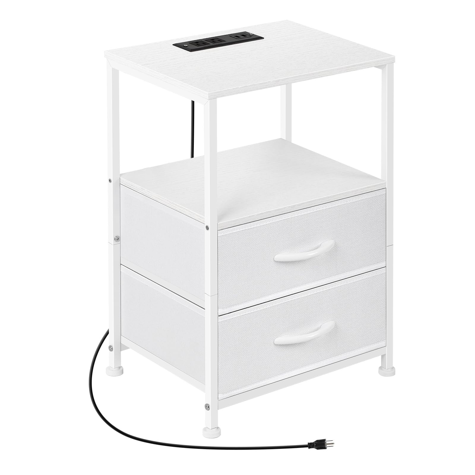 Vrisa White Nightstand with Charging Station and Fabric Drawer Bedside Table