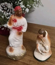 Vtg Christmas Nativity Manger Chalkware Figurine Shepherd Boy 3",Camel Driver 5"