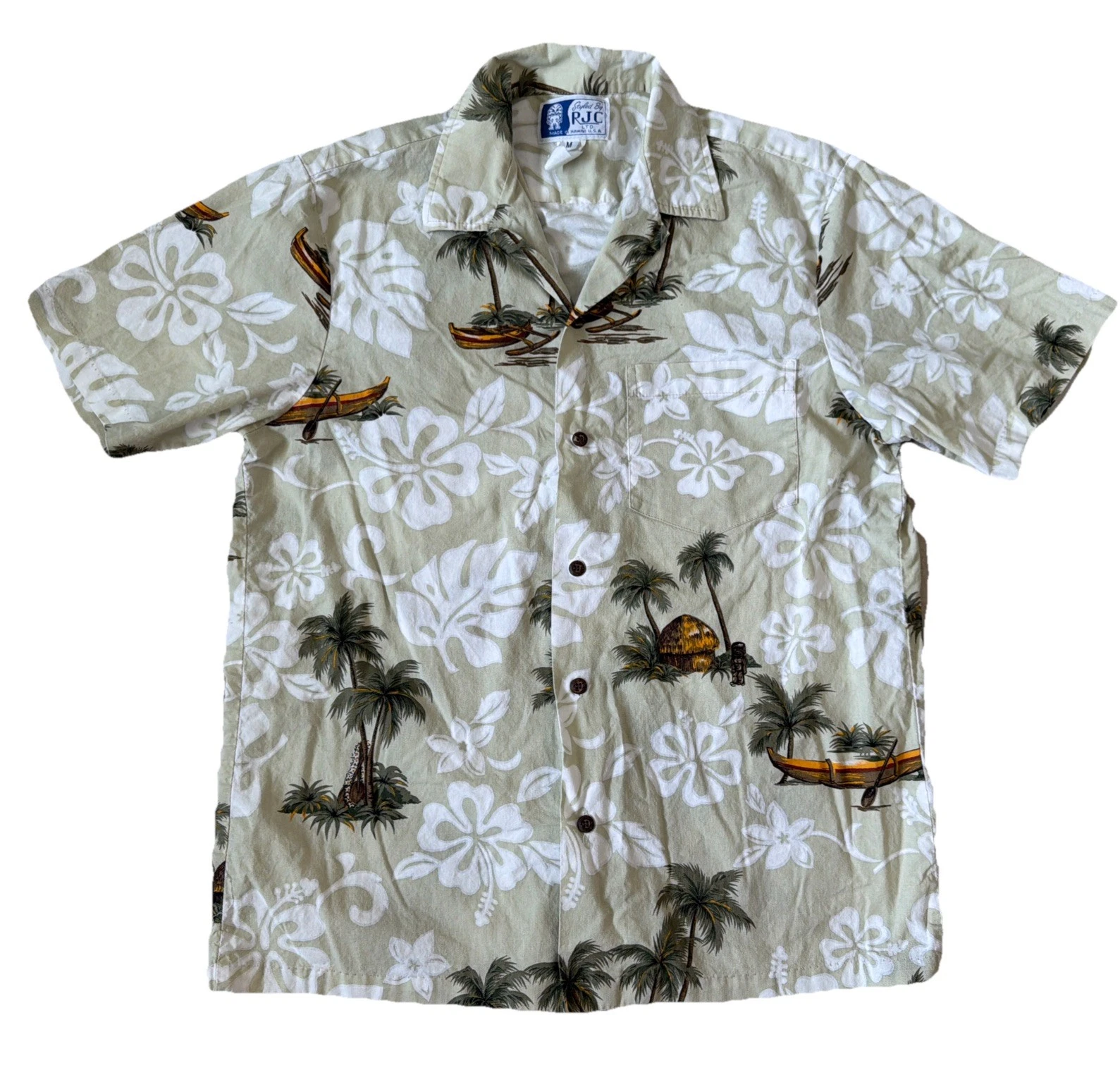 RJC Made In Hawaii Tiki Hut Palm Trees Short Sleeve Button Hawaiian Shirt Men M