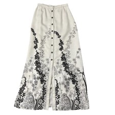 VTG White Black Floral Canvas Button Front Maxi Skirt Womens S Scandinavian Folk