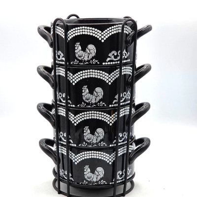 Temp-tations Doodle Doo Black Rooster Bowls with Handles Set 4 with Stand  22oz