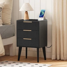 End Table, Fluted Night Stand, Modern Side Table with Charging Station, Bedsi...