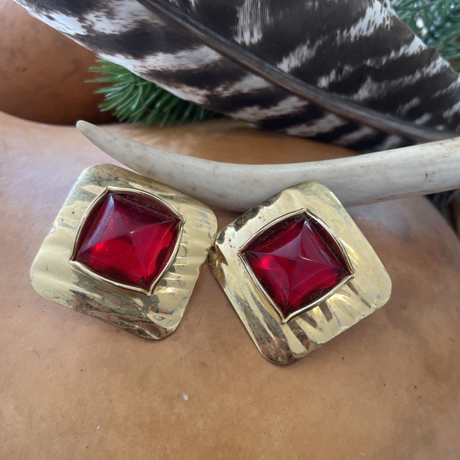 Vintage Retro Red Rhinestone Square Gold Tone Earrings Clip On Retro Statement