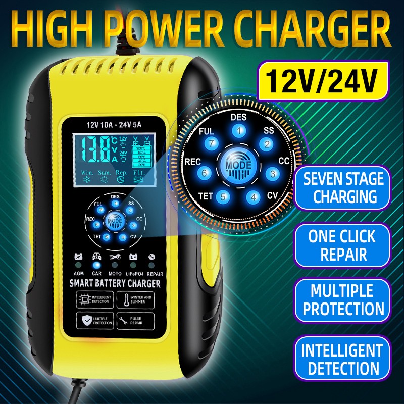 10A Car Battery Charger for Lifepo4 Lead Acid AGM Truck Motorcycle Marine Boat