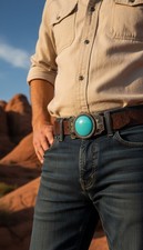 Men Women Western Fashion Belt Buckle Silver Metal Big Turquoise Blue Desert NM