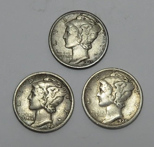 3 Mercury Dimes 1929 Fine, 29-D Fine, 29-S Very Good
