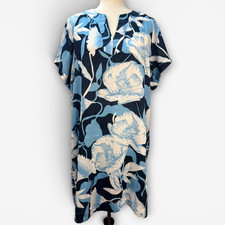 Elie Tahari 100% Linen Dress Blue Floral LARG Coastal Grandma Resort Euro Summer