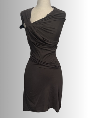 brown mini dress high neck Zahra Chocolate Brown Halter-Neck Ruched Mini Dress With Ruffle Hem – Club  L London