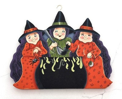 Vintage Hand Painted Wooden Halloween Witches Hanging Plaque, Signed,  91