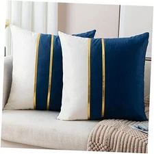 Set of 2 Velvet Decorative Throw Pillow Covers White 24×24Inch Navy Blue