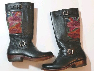 Women's 9.5-10 Calf Length Strap Buckle Tapestry Accent Black