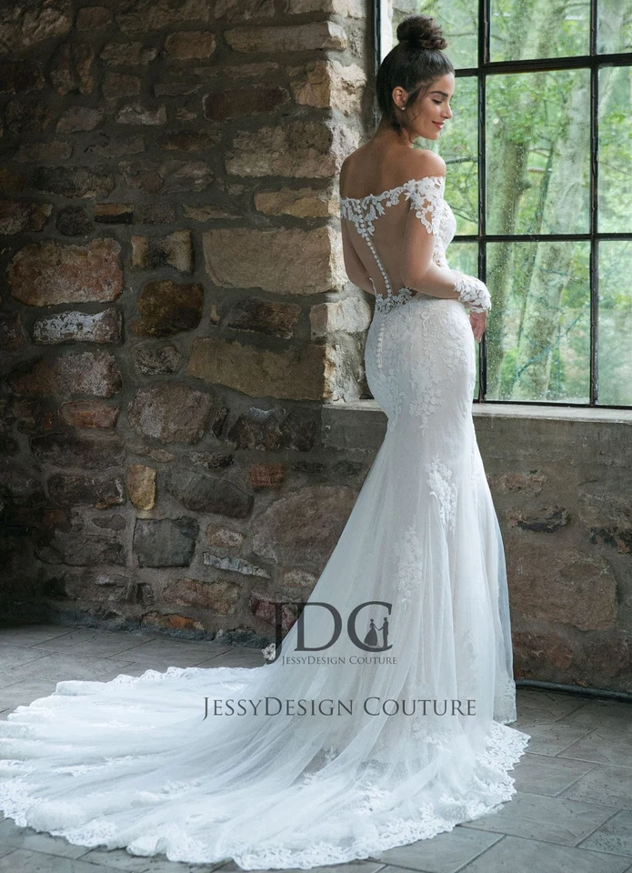 Königes Fit Flare Crepe Meerjungfrau Spitze Brautkleid Hochzeitskleid Langarm - Bild 3 von 4