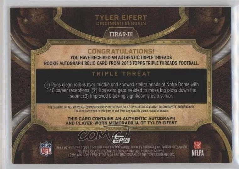 2013 Topps Triple Threads Rookie Relics Purple /75 Tyler Eifert Auto RC - Image 2 of 2