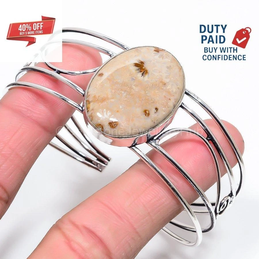 Oferta de Navidad Pulsera Brazalete Art Deco Coral Fósil Genuino Plata de Ley 925 Foto 3 de 4