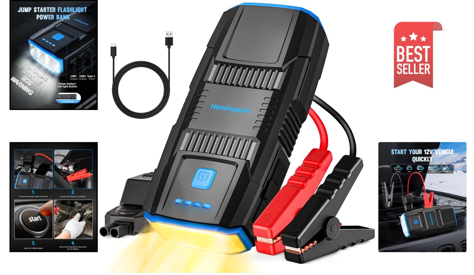 Compact 2000A Peak Car Jump Starter - Revive Gas & Diesel Engines Effortlessly thumbnail 2