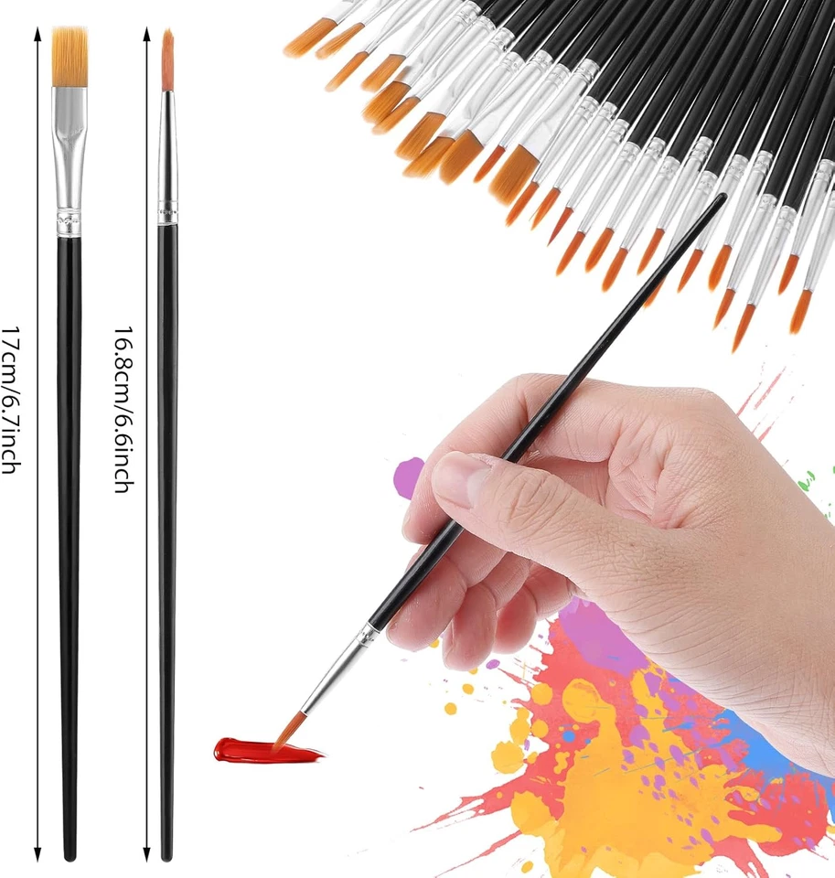 30 Pinceaux Peinture Acrylique Aquarelle Huile - 15 Plats & 15 Ronds Nylon Noir - Photo 2/4