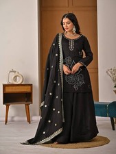 Jet Black Heavy Vichitra Silk Sharara Palazzo Suit Pearls Embroidered Kurti