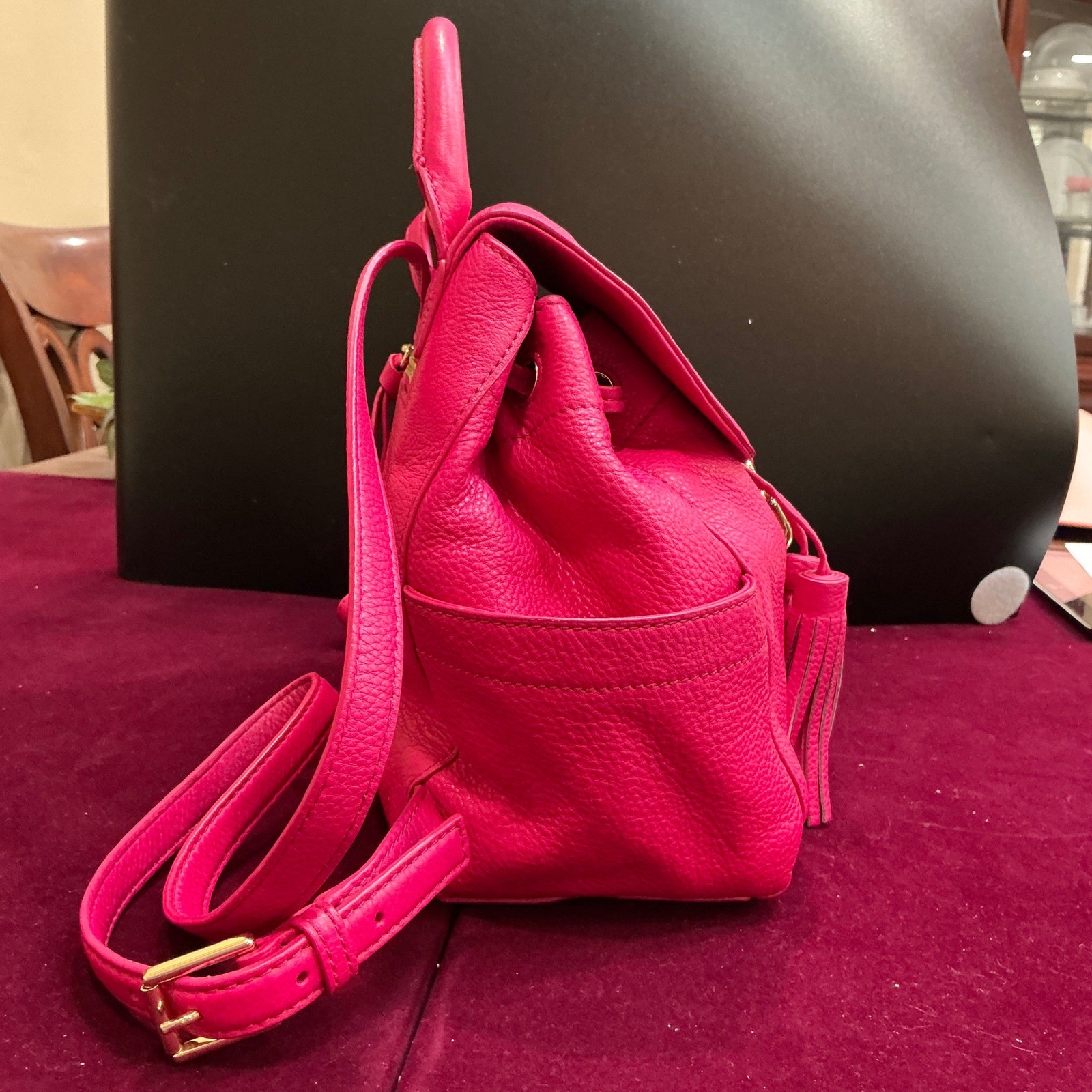 Tory Burch Thea Pebbled Mini Backpack, Briht Azalea Tassel Drawstring thumbnail 4