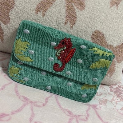 Beaded Sea Life Small Shoulder Bag Green Seahorse Crab Charm Magnetic Lined
