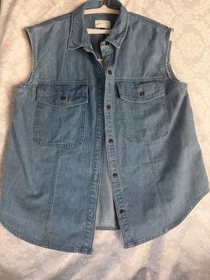 Vintage Universal Thread Womens Blue Denim Cotton Sleeveless Collared Button Up 