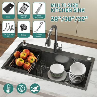 #ad #ad Black Drop In Kitchen Sink 28quot; 30quot; 32quot; Single Bowl Stainless Steel w Faucet $110.10