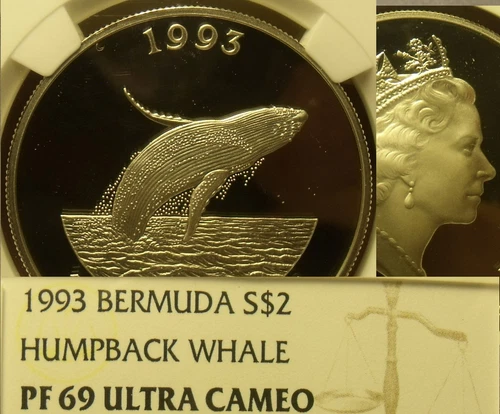 Bermuda 1993 2 Dollars NGC PF-69 Ultra Cameo~Humpback Whale~Rare~Top Grade~Fr/Sh