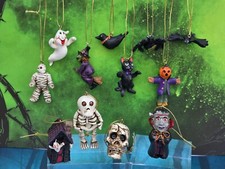 Vintage HALLOWEEN ORNAMENTS 12 PIECES Set Mummy witch ghost bat skull cat house