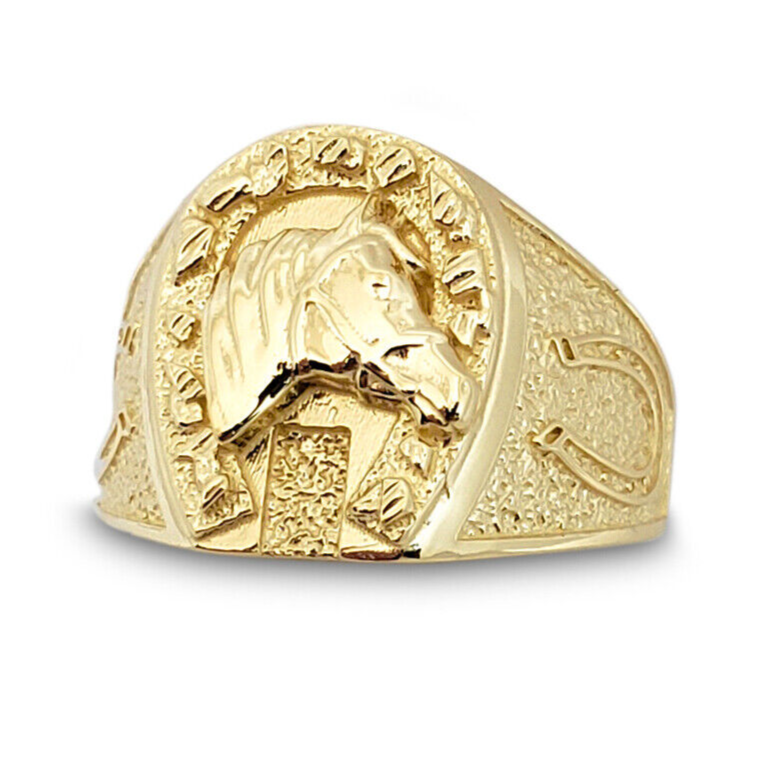 Solid 18K Yellow Gold Large Nugget Mens Horseshoe Ring Size 5 - 15