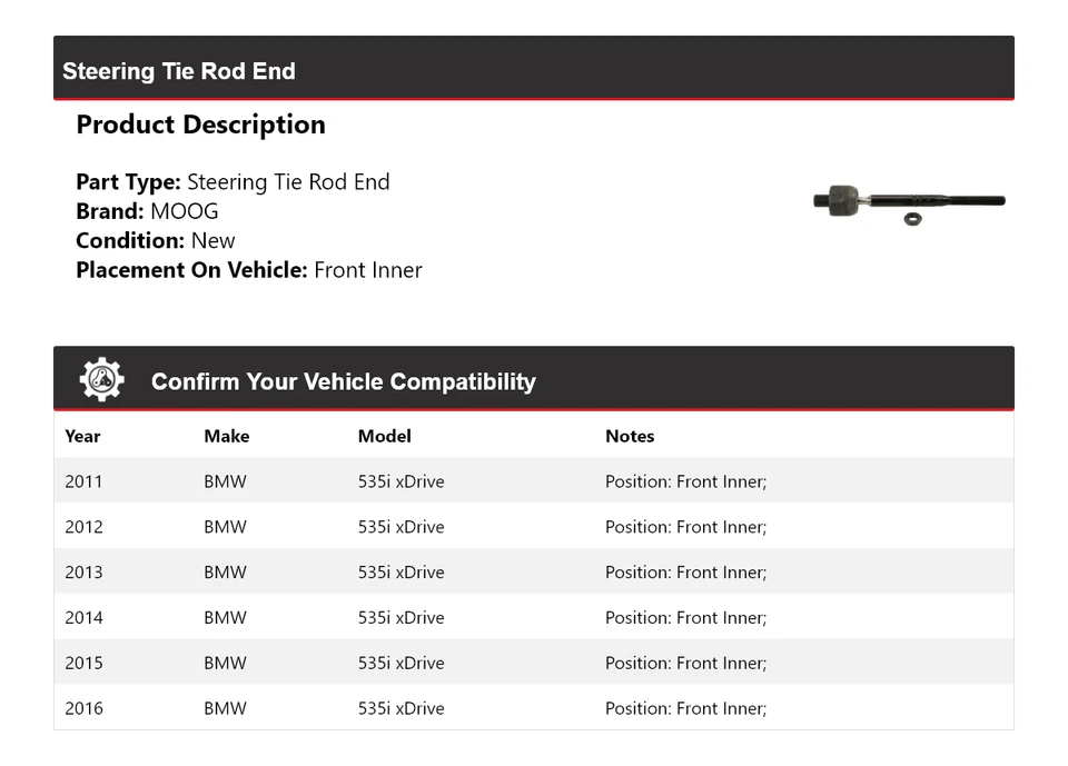 Para BMW 535i xDrive 2011-2016 extremo de barra de dirección interior delantero MOOG 2011 2012 Foto 2 de 4