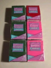 Lot of 6 Sculpey III Polymer Clay 2oz Oven Bake Clay 3 Green, 2 Pink, and 1 Red