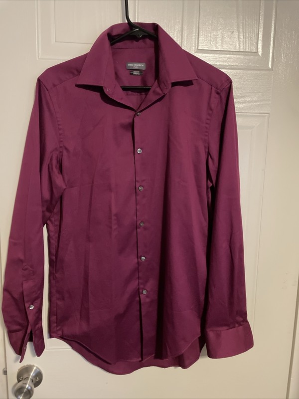Van Heusen Flex Shirt Mens Size 15 32/33 Dressy Slim Fit Solid Maroon Red Button