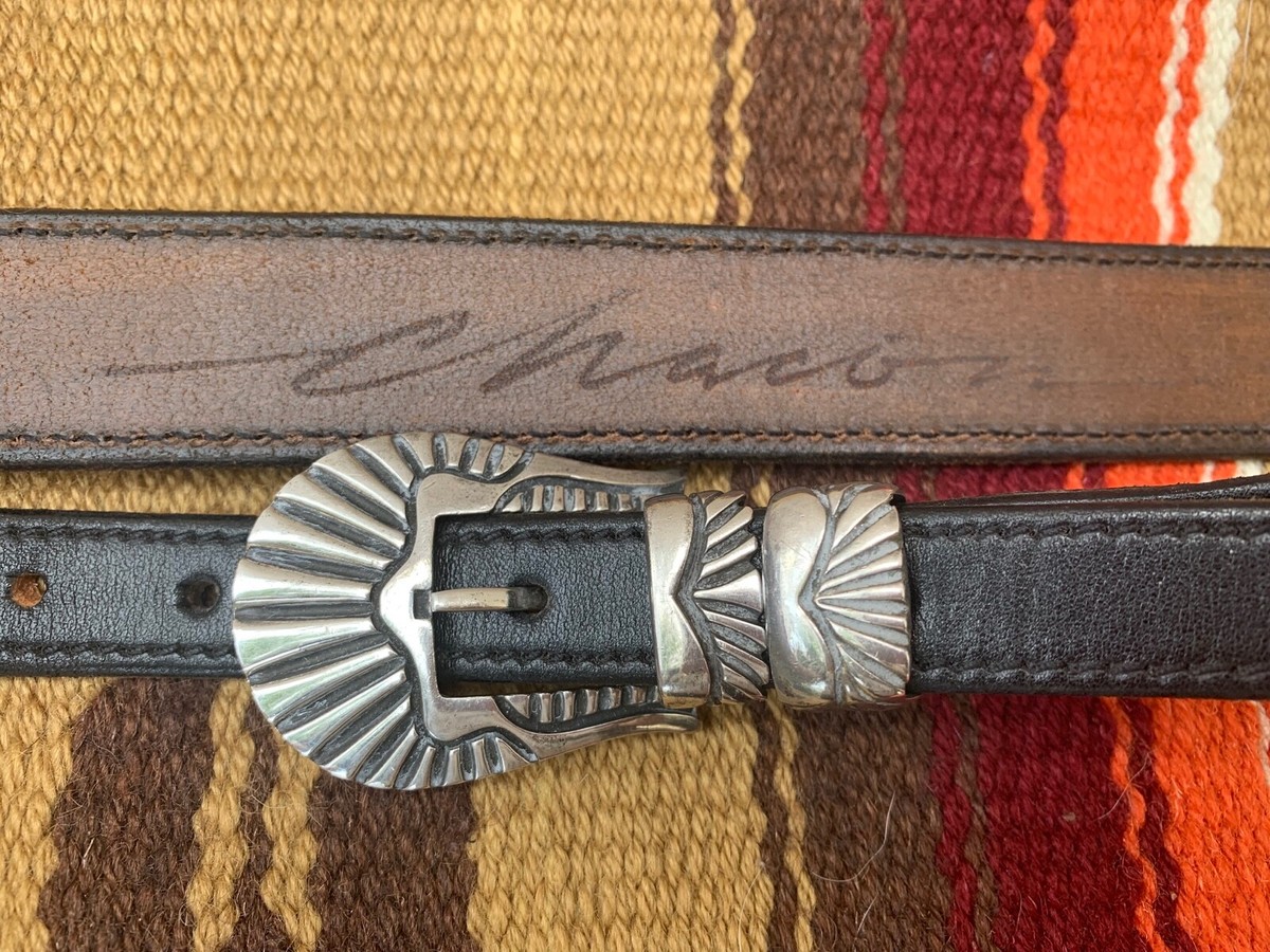 VTG CHACON BLACK LEATHER BELT W/ STERLING SILVER 4PC BUCKLE SET IN 