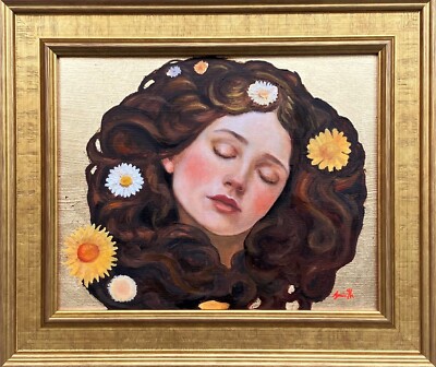 Original Ölgemälde - Klimtstil junge Frau Blumenporträt auf Blattgold.